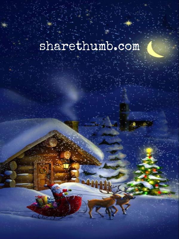 Santa go with his car in the moon light around x-mas tree and house